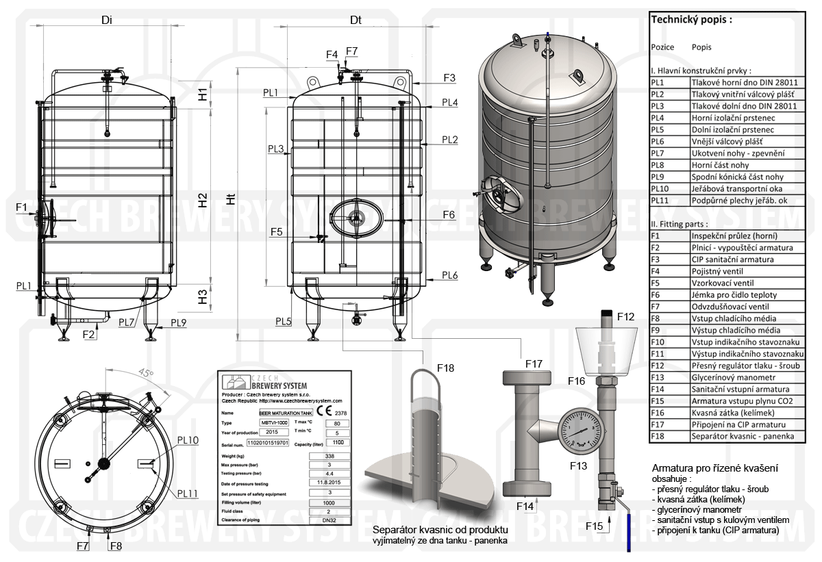 Ležácký přetlačný tank, izolovaný, chlazený vodou nebo glykolem - popis